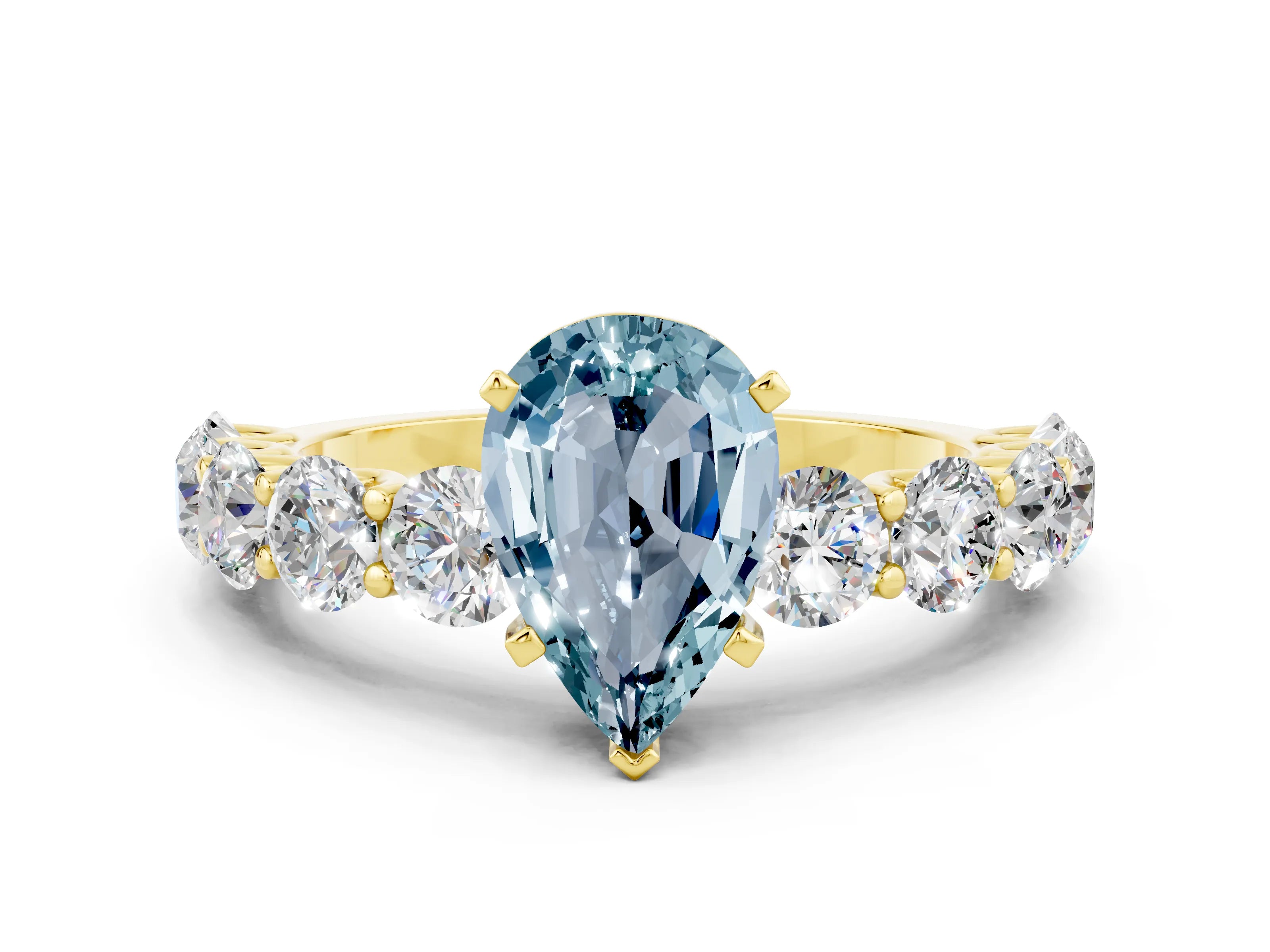 Yellow gold Pear Cut Aquamarine Prong Setting with Side Stones on a Pave Band