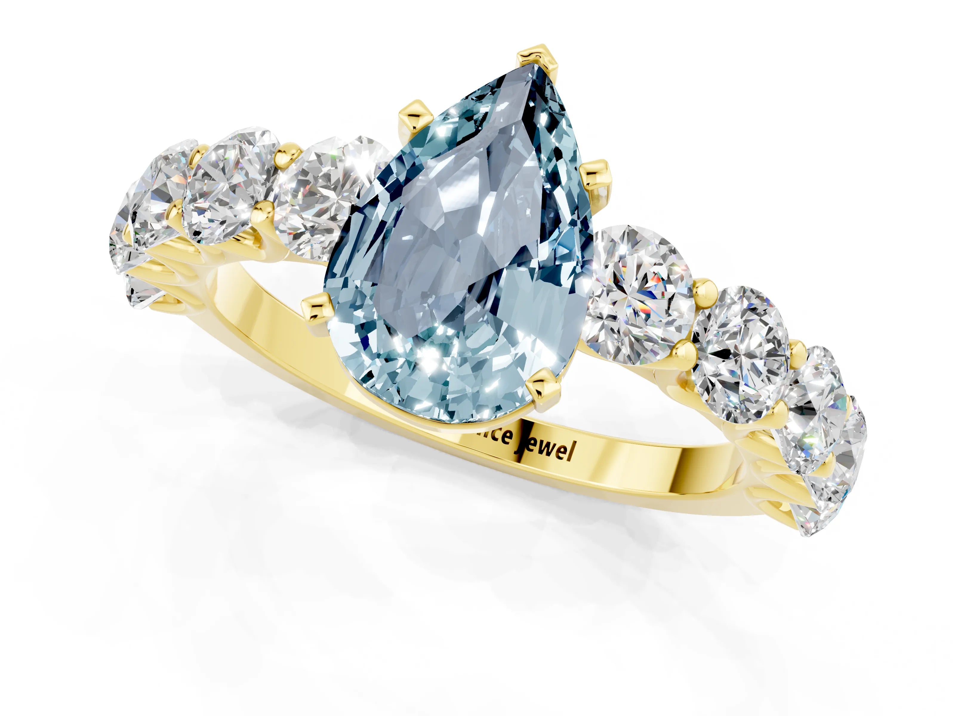 Yellow gold Pear Cut Aquamarine Prong Setting with Side Stones on a Pave Band_1
