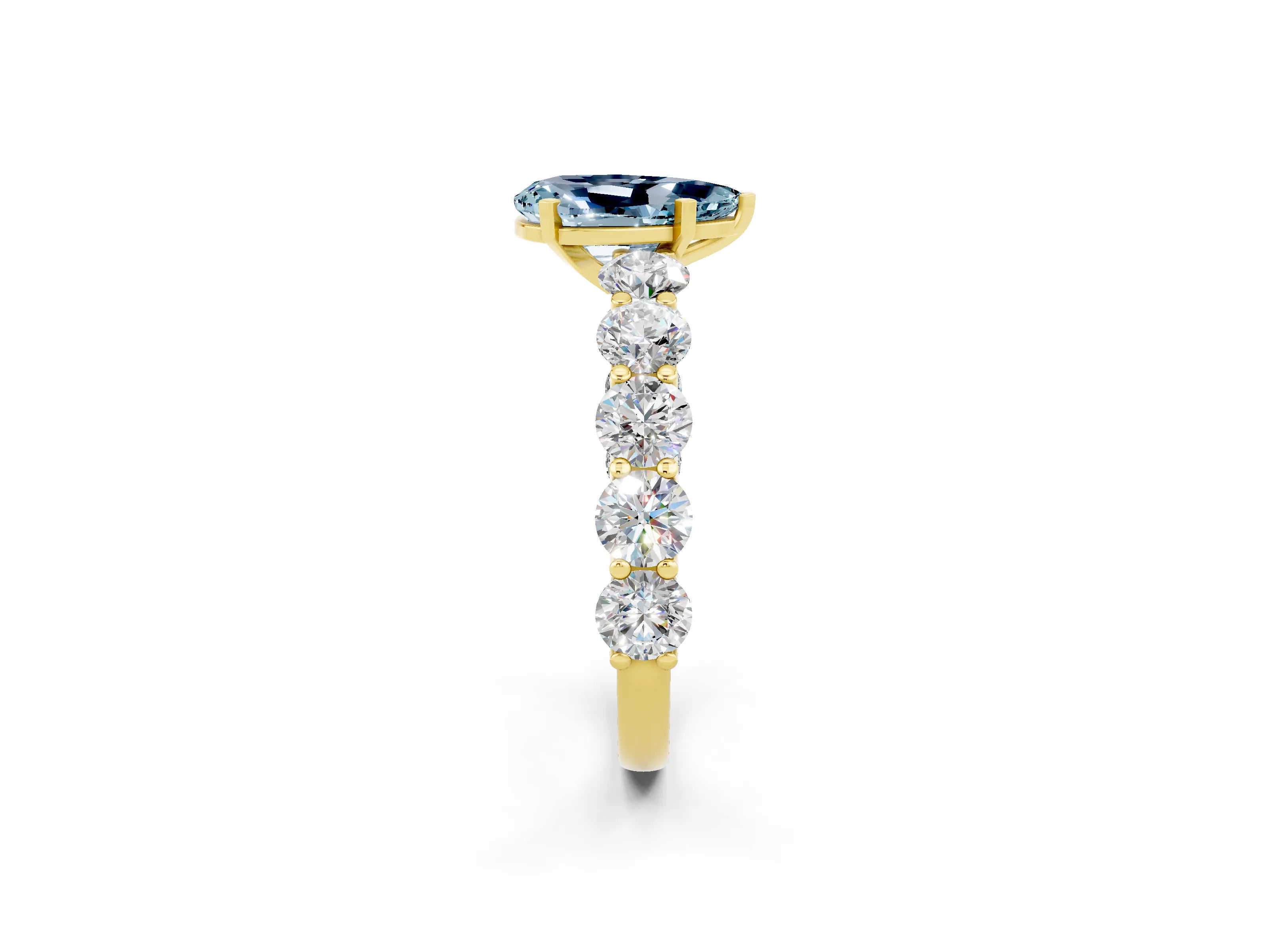 Yellow gold Pear Cut Aquamarine Prong Setting with Side Stones on a Pave Band_2