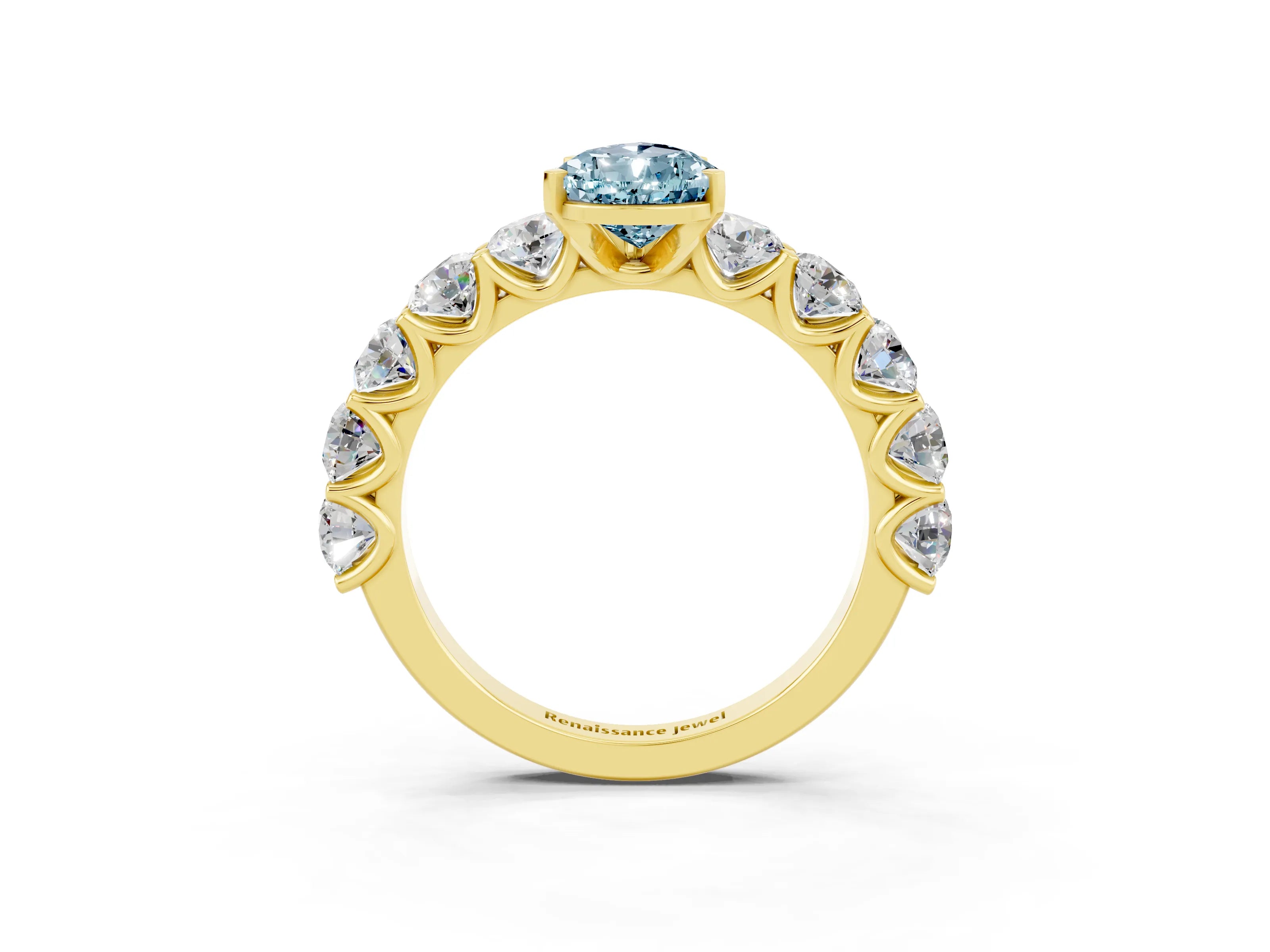 Yellow gold Pear Cut Aquamarine Prong Setting with Side Stones on a Pave Band_3