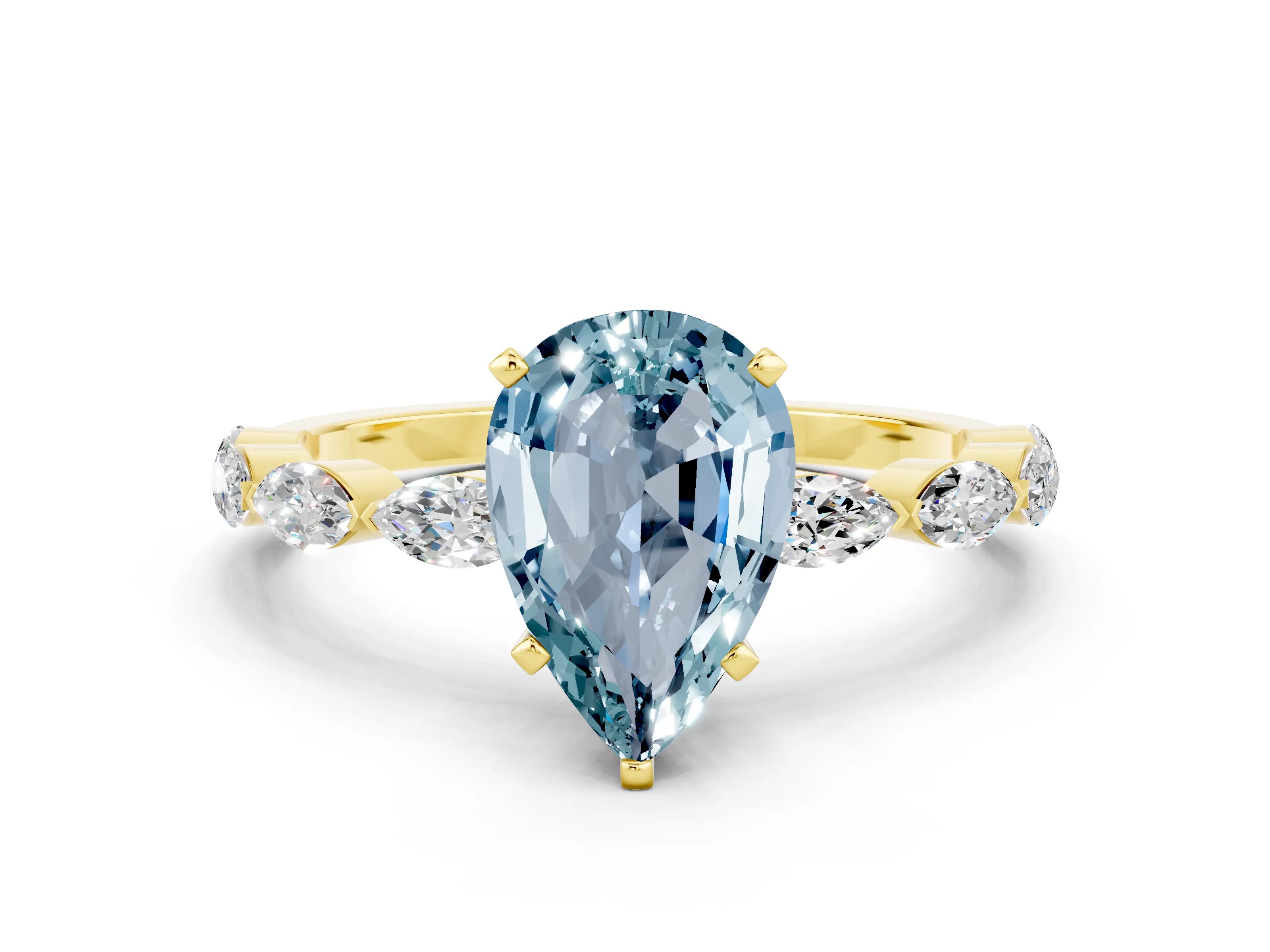 Yellow gold Pear Cut Aquamarine Ring with Marquise Side Stones and Prong Setting