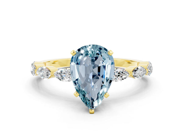Yellow gold Pear Cut Aquamarine Ring with Marquise Side Stones and Prong Setting