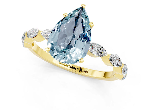 Yellow gold Pear Cut Aquamarine Ring with Marquise Side Stones and Prong Setting