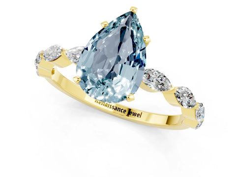 Yellow gold Pear Cut Aquamarine Ring with Marquise Side Stones and Prong Setting_1
