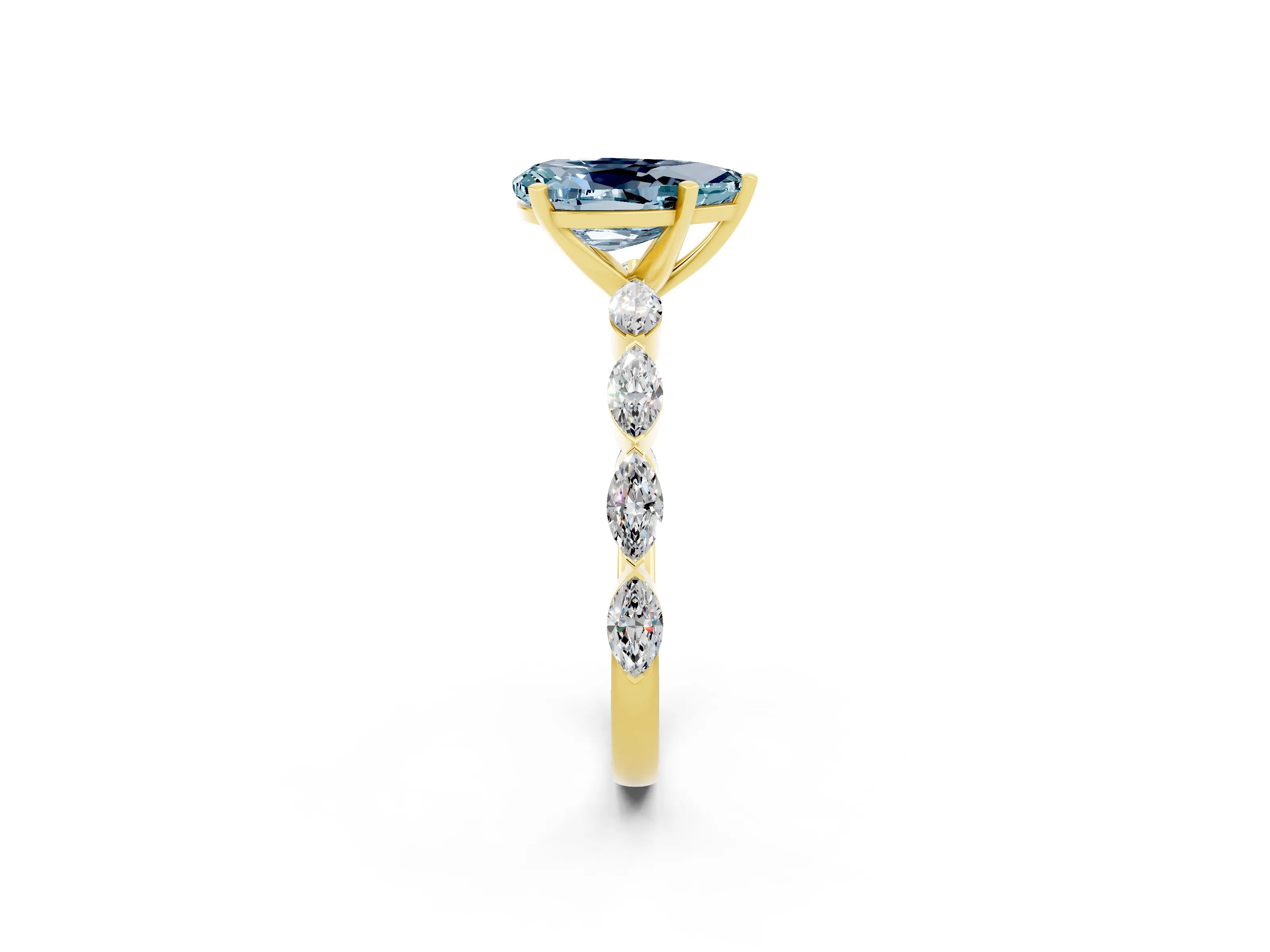 Yellow gold Pear Cut Aquamarine Ring with Marquise Side Stones and Prong Setting_2