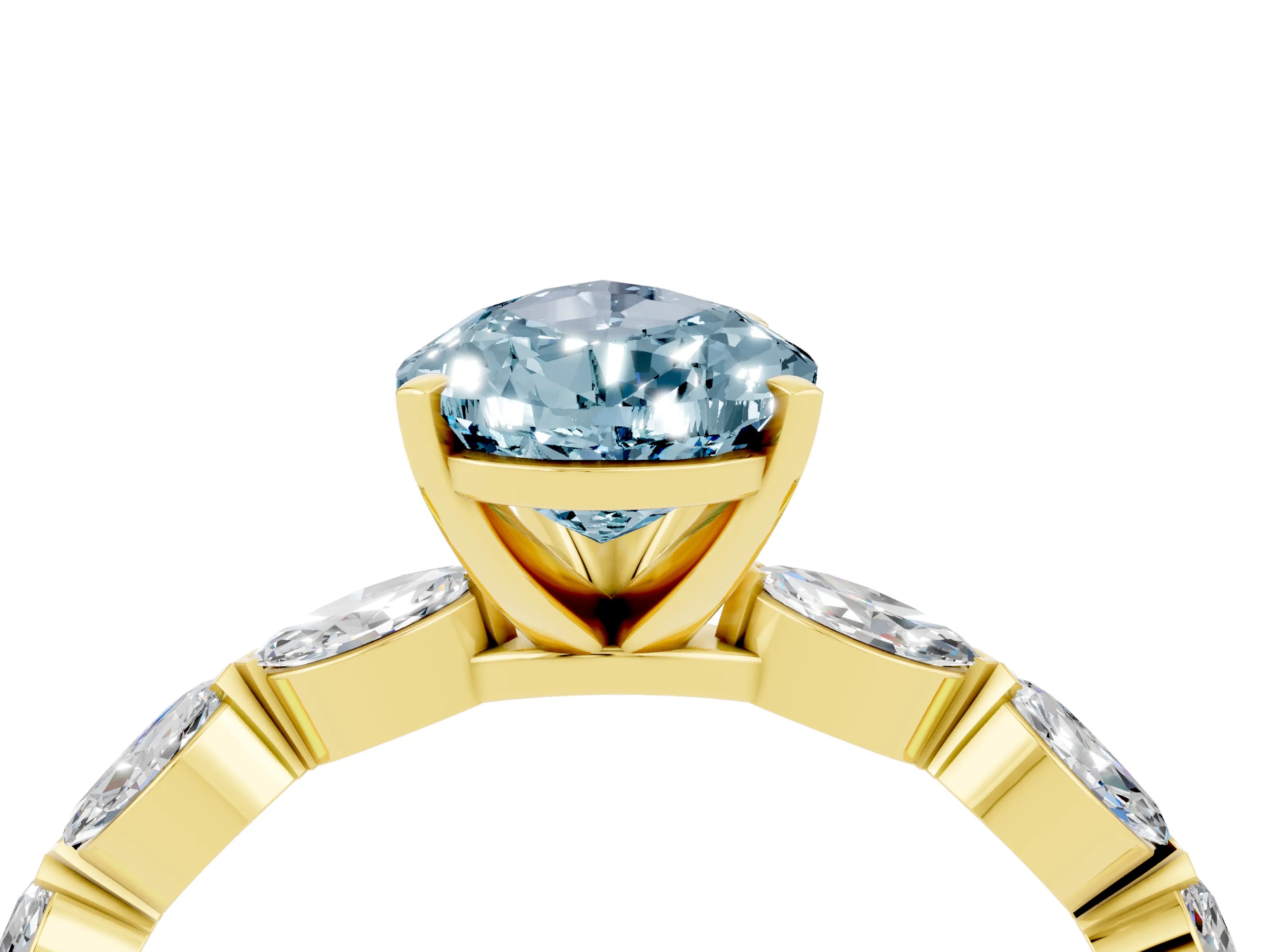Yellow gold Pear Cut Aquamarine Ring with Marquise Side Stones and Prong Setting_4