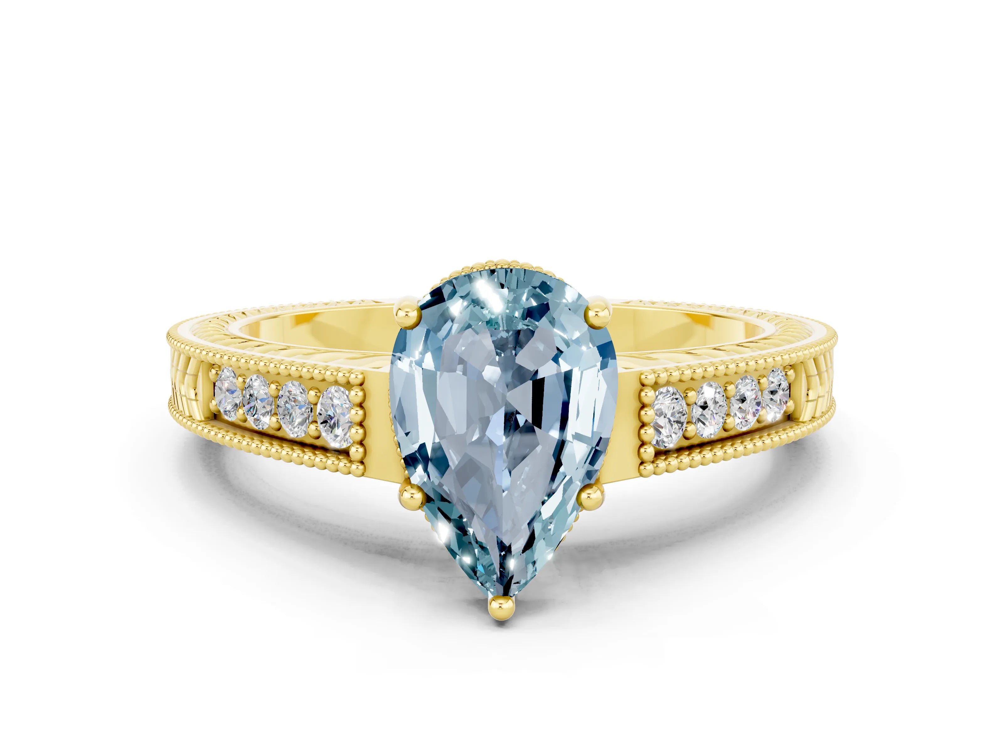 Yellow gold Pear Cut Aquamarine Ring with Milgrain Pavé Band and Four-Prong Setting_12