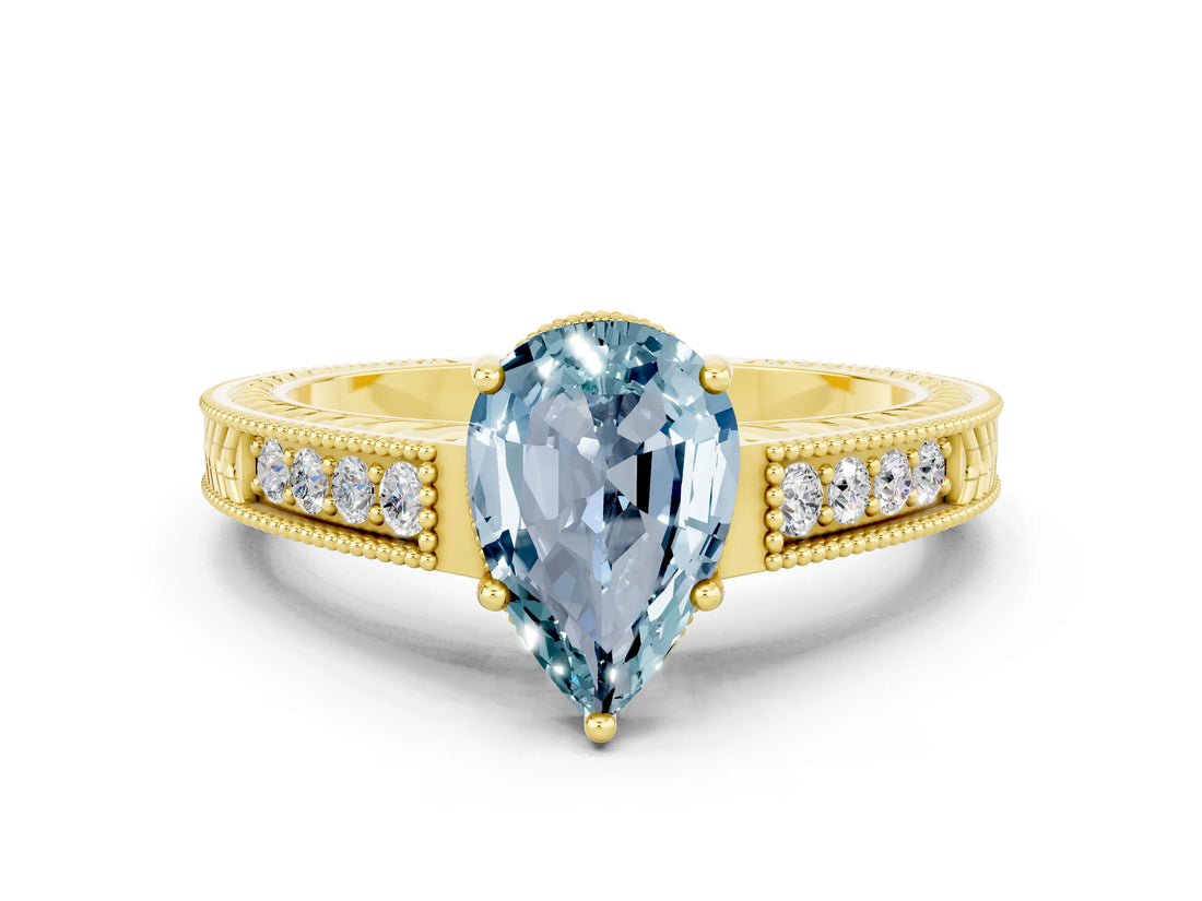 Yellow gold Pear Cut Aquamarine Ring with Milgrain Pavé Band and Four-Prong Setting_12
