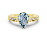 Yellow gold Pear Cut Aquamarine Ring with Milgrain Pavé Band and Four-Prong Setting_12