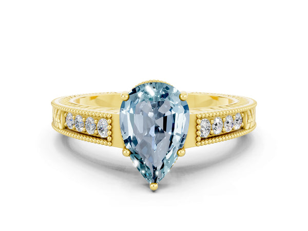 Yellow gold Pear Cut Aquamarine Ring with Milgrain Pavé Band and Four-Prong Setting