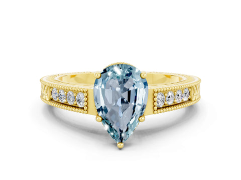 Yellow gold Pear Cut Aquamarine Ring with Milgrain Pavé Band and Four-Prong Setting_12