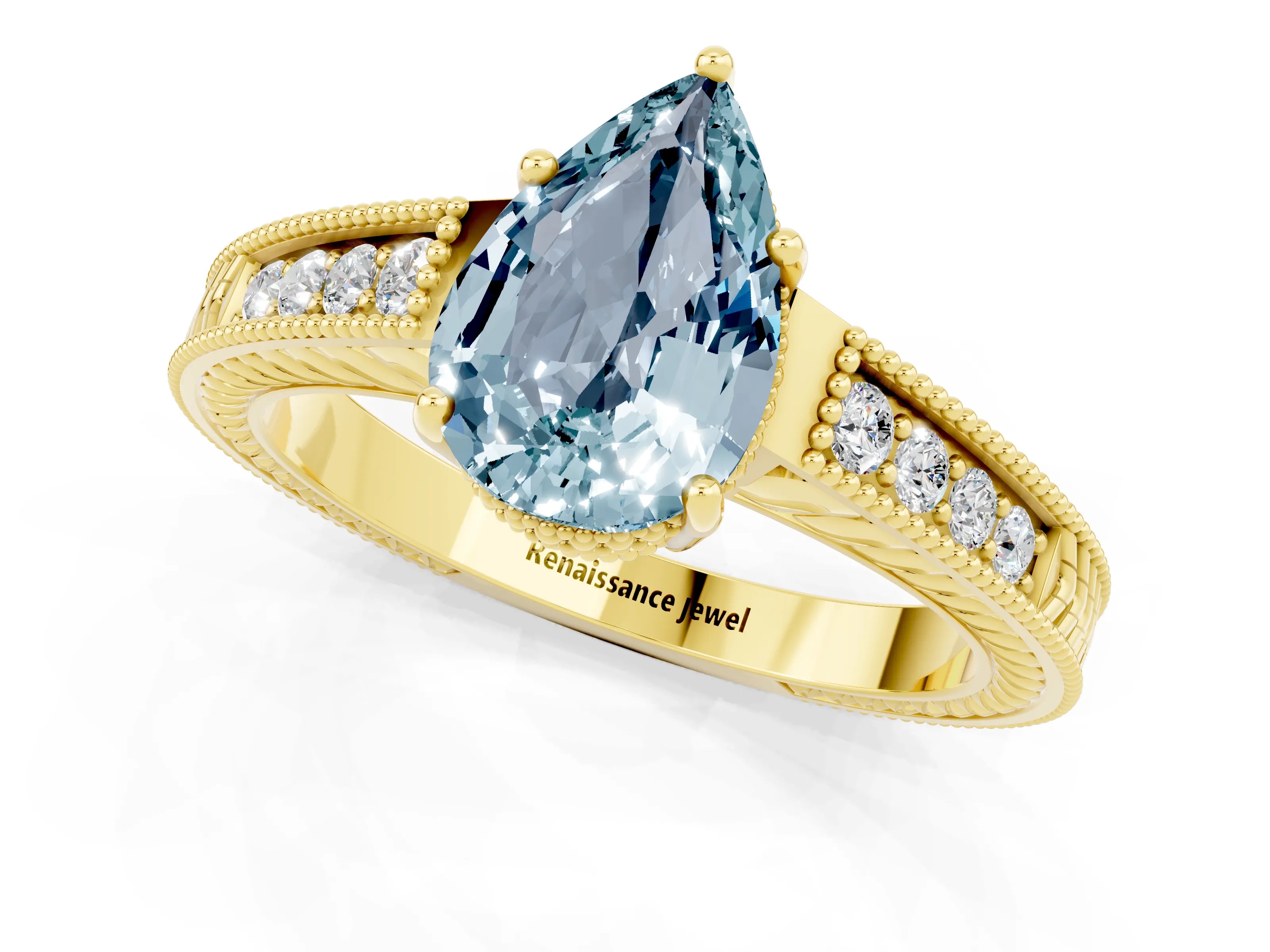 Yellow gold Pear Cut Aquamarine Ring with Milgrain Pavé Band and Four-Prong Setting_13