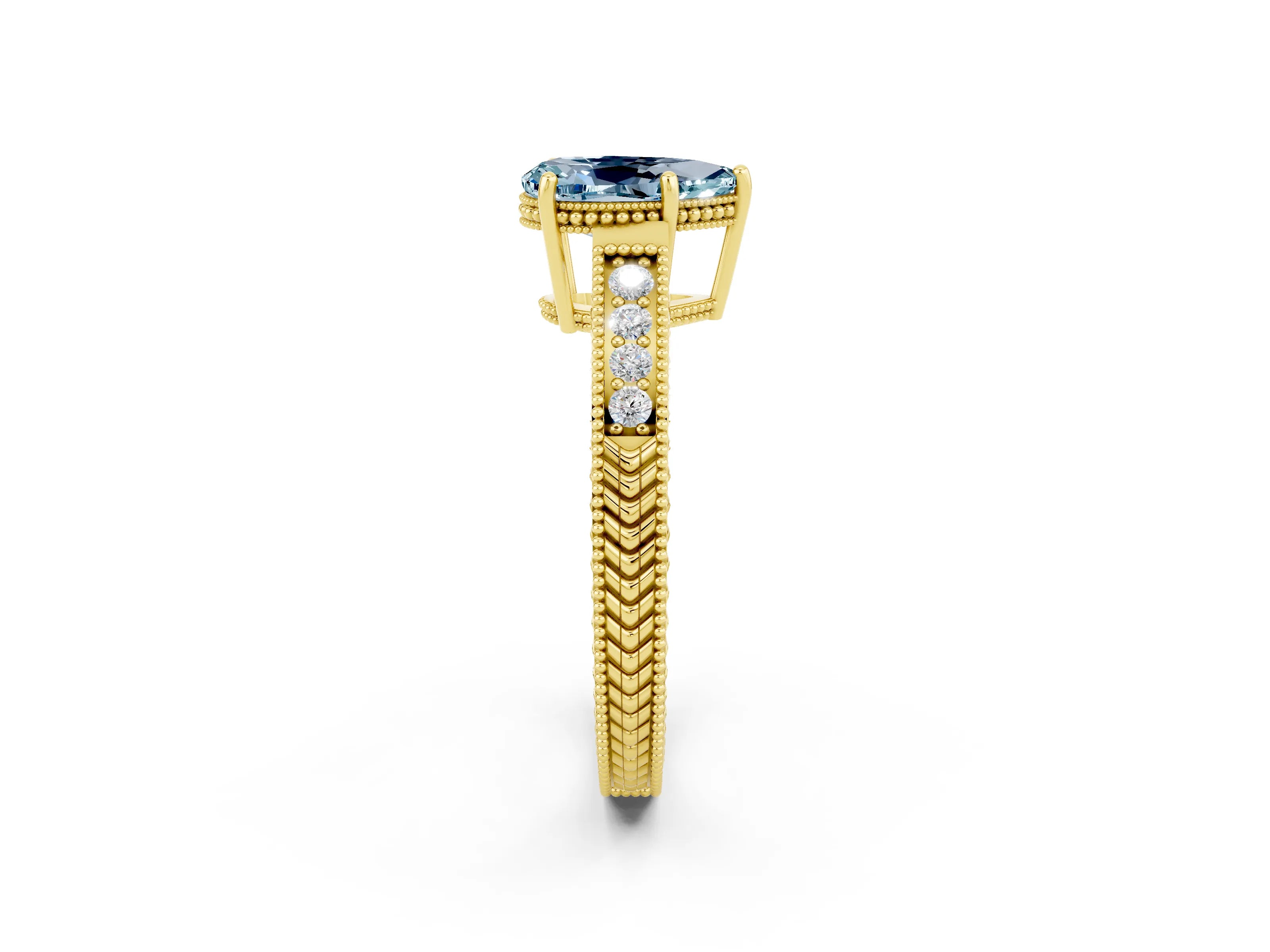 Yellow gold Pear Cut Aquamarine Ring with Milgrain Pavé Band and Four-Prong Setting_14