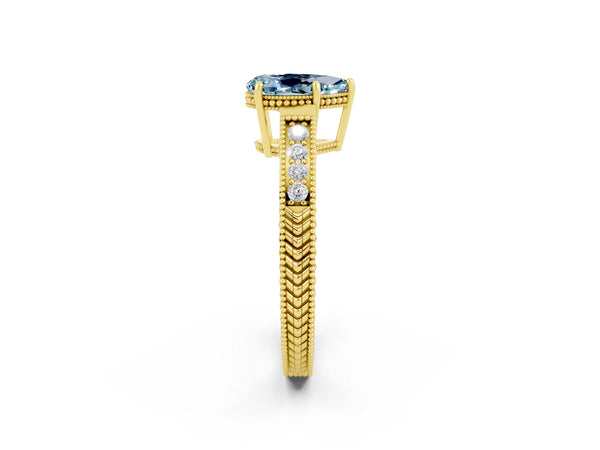 Yellow gold Pear Cut Aquamarine Ring with Milgrain Pavé Band and Four-Prong Setting
