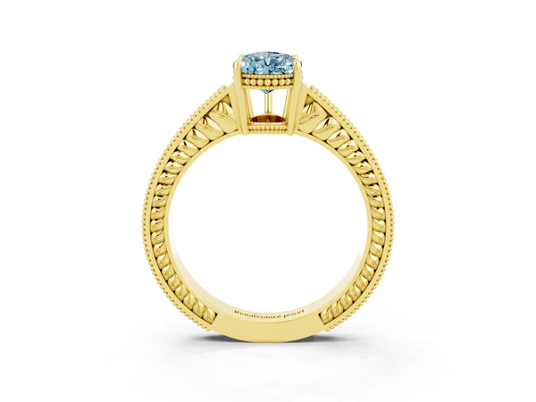 Yellow gold Pear Cut Aquamarine Ring with Milgrain Pavé Band and Four-Prong Setting