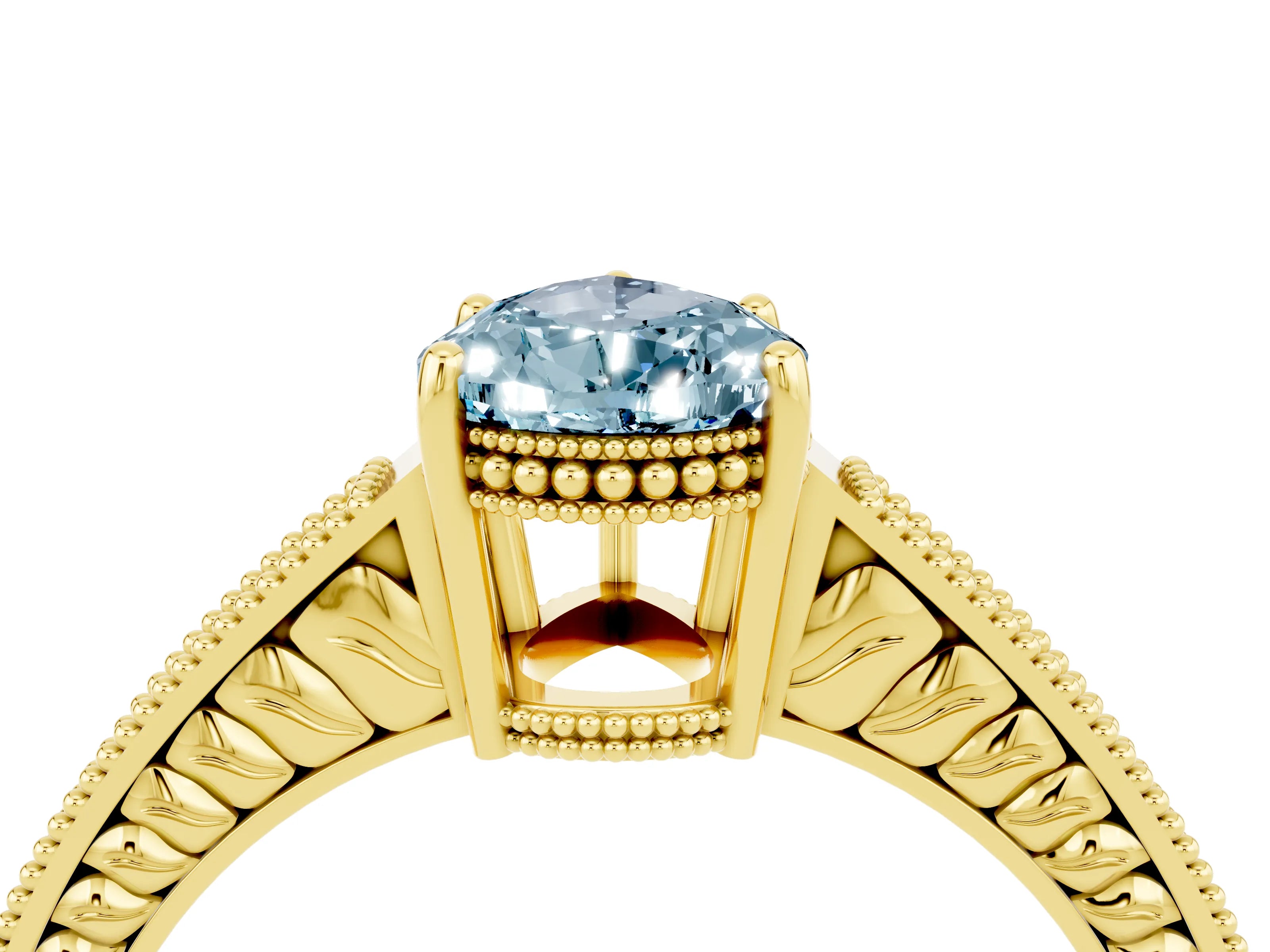 Yellow gold Pear Cut Aquamarine Ring with Milgrain Pavé Band and Four-Prong Setting_16