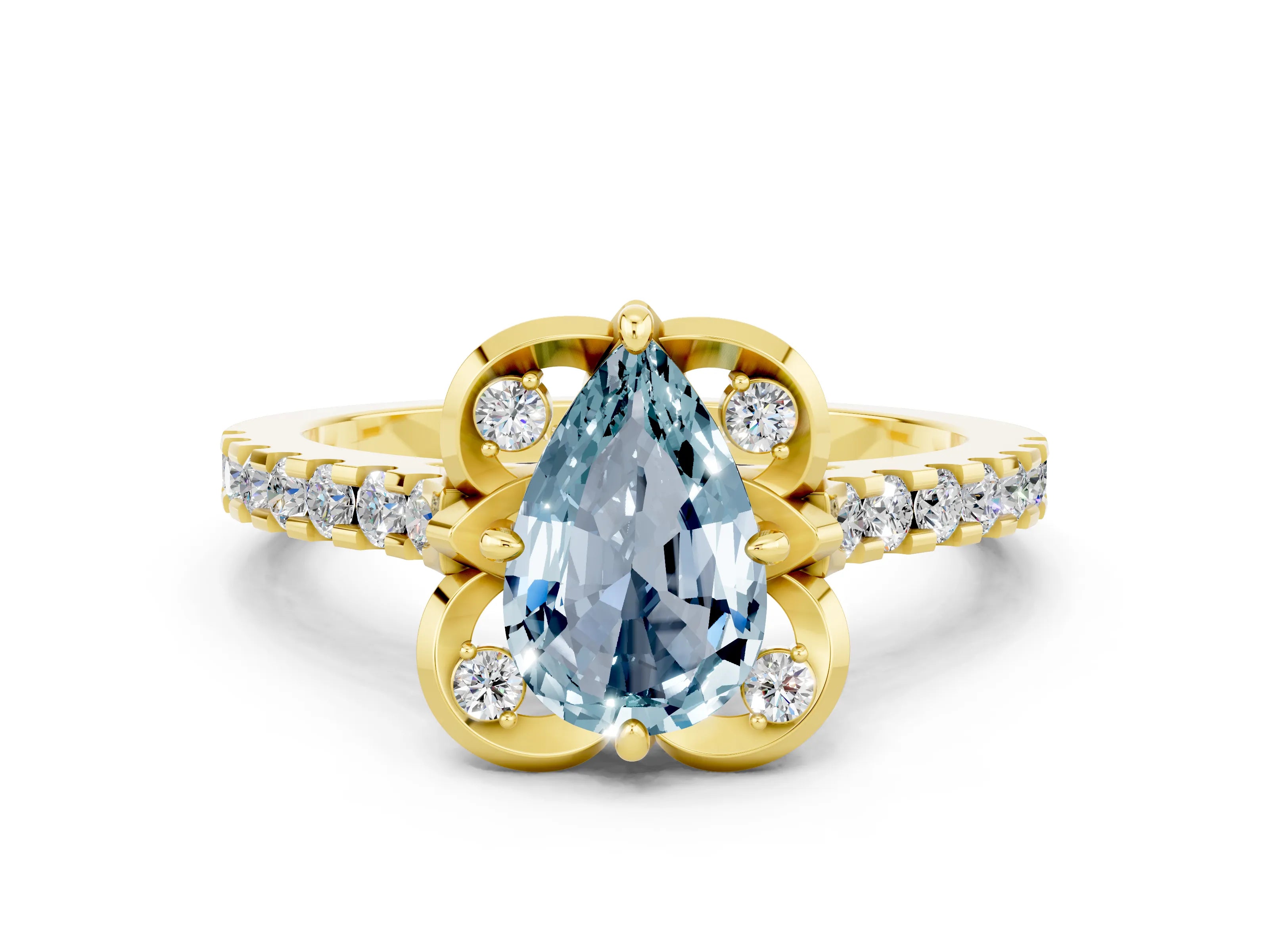 Yellow gold Pear Cut Aquamarine Ring with Pavé Band and Floral Prong Setting