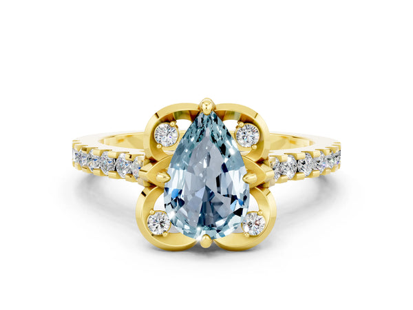 Yellow gold Pear Cut Aquamarine Ring with Pavé Band and Floral Prong Setting