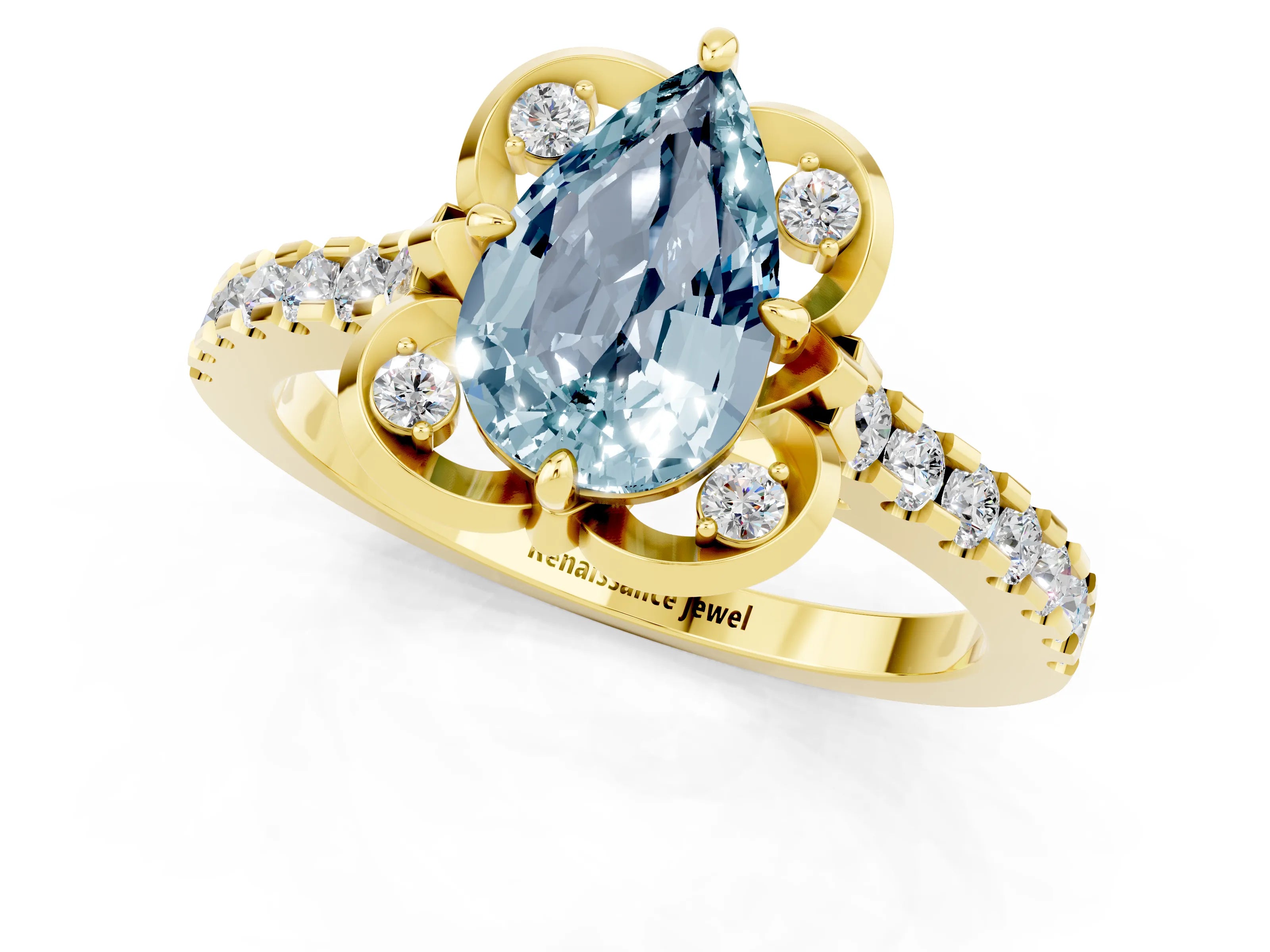 Yellow gold Pear Cut Aquamarine Ring with Pavé Band and Floral Prong Setting_1