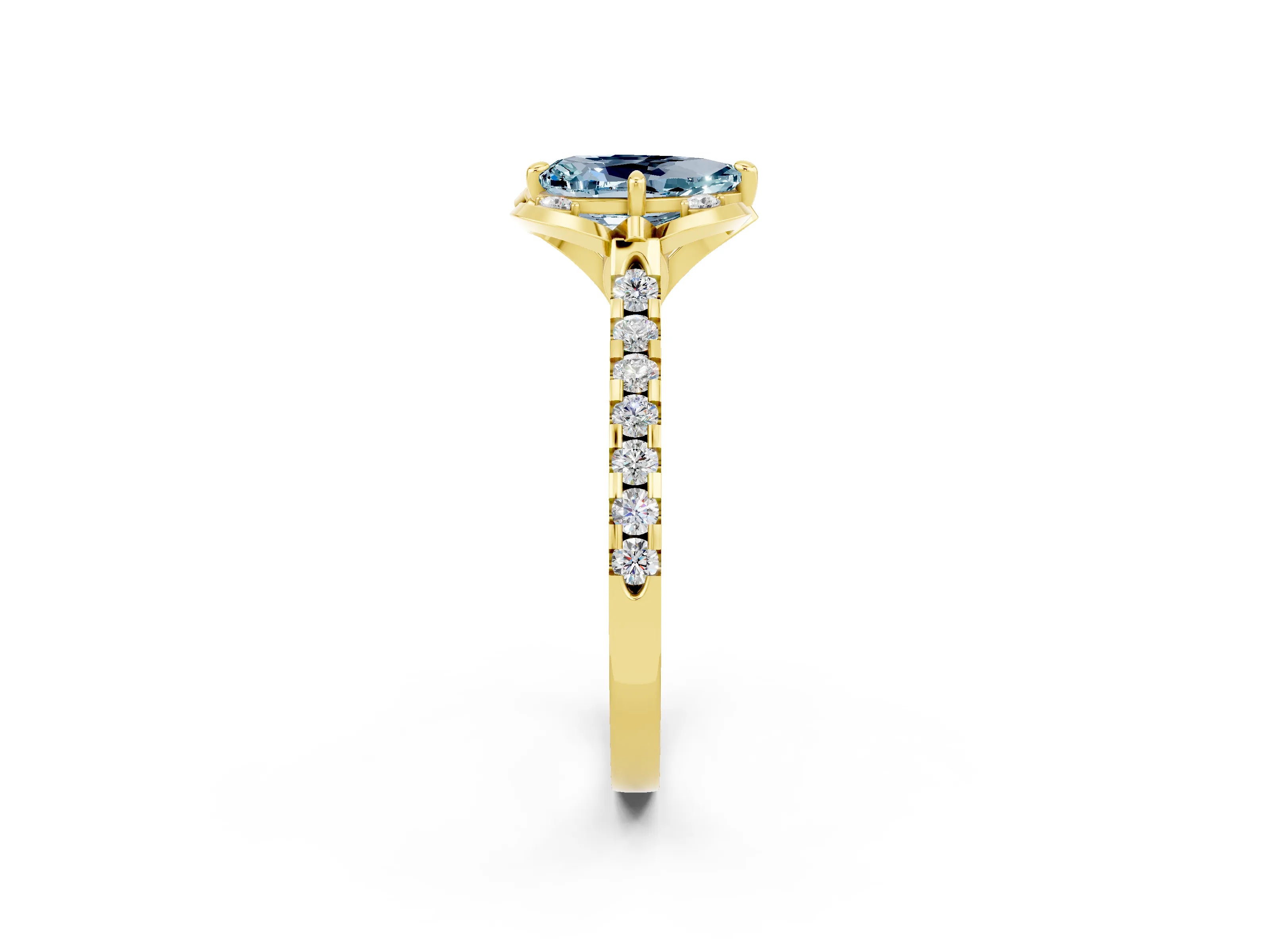 Yellow gold Pear Cut Aquamarine Ring with Pavé Band and Floral Prong Setting_2
