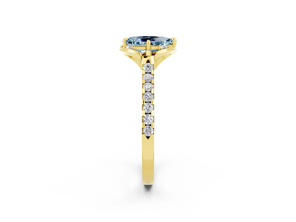 Yellow gold Pear Cut Aquamarine Ring with Pavé Band and Floral Prong Setting