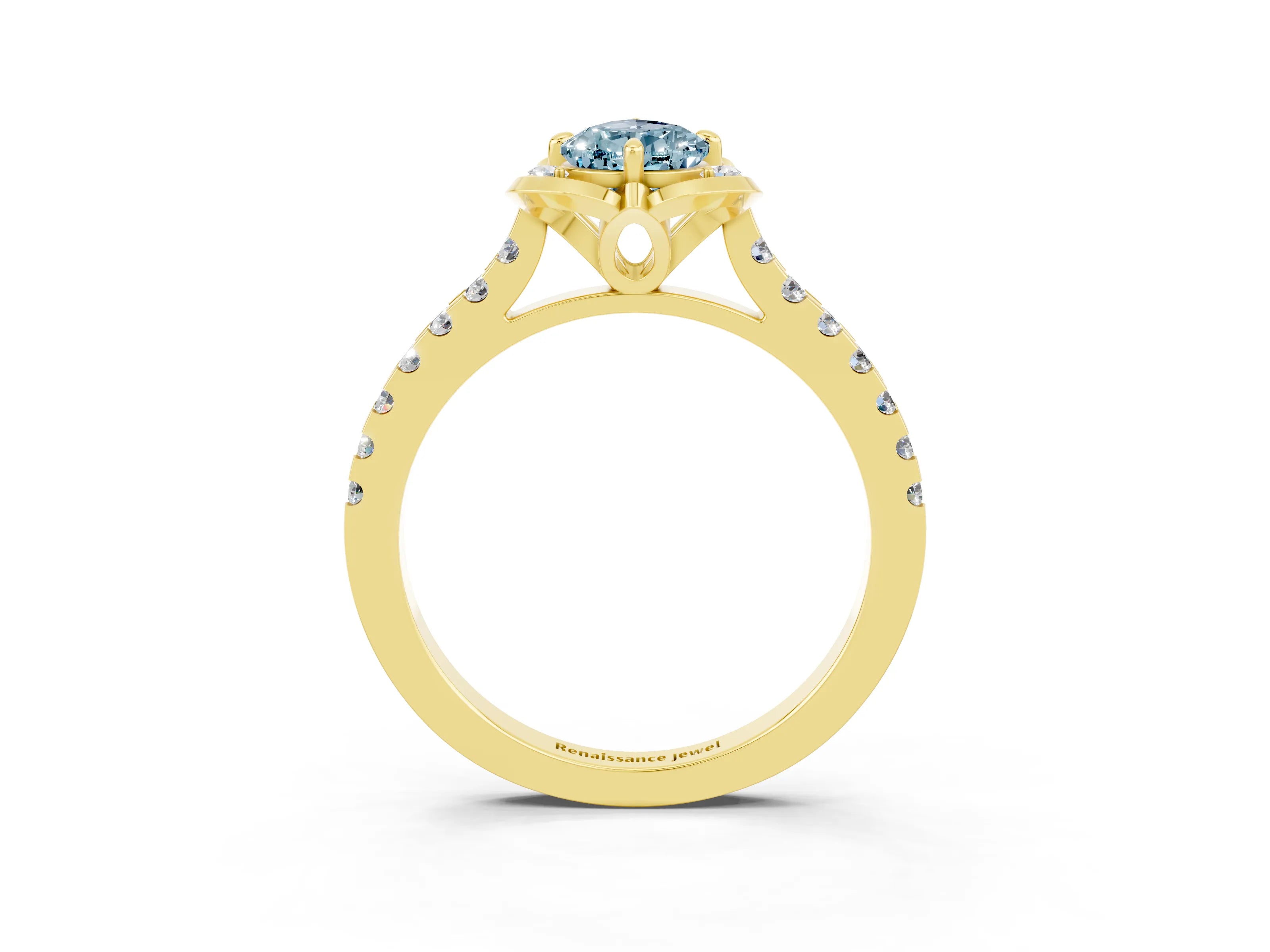 Yellow gold Pear Cut Aquamarine Ring with Pavé Band and Floral Prong Setting_3