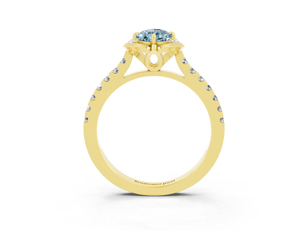 Yellow gold Pear Cut Aquamarine Ring with Pavé Band and Floral Prong Setting