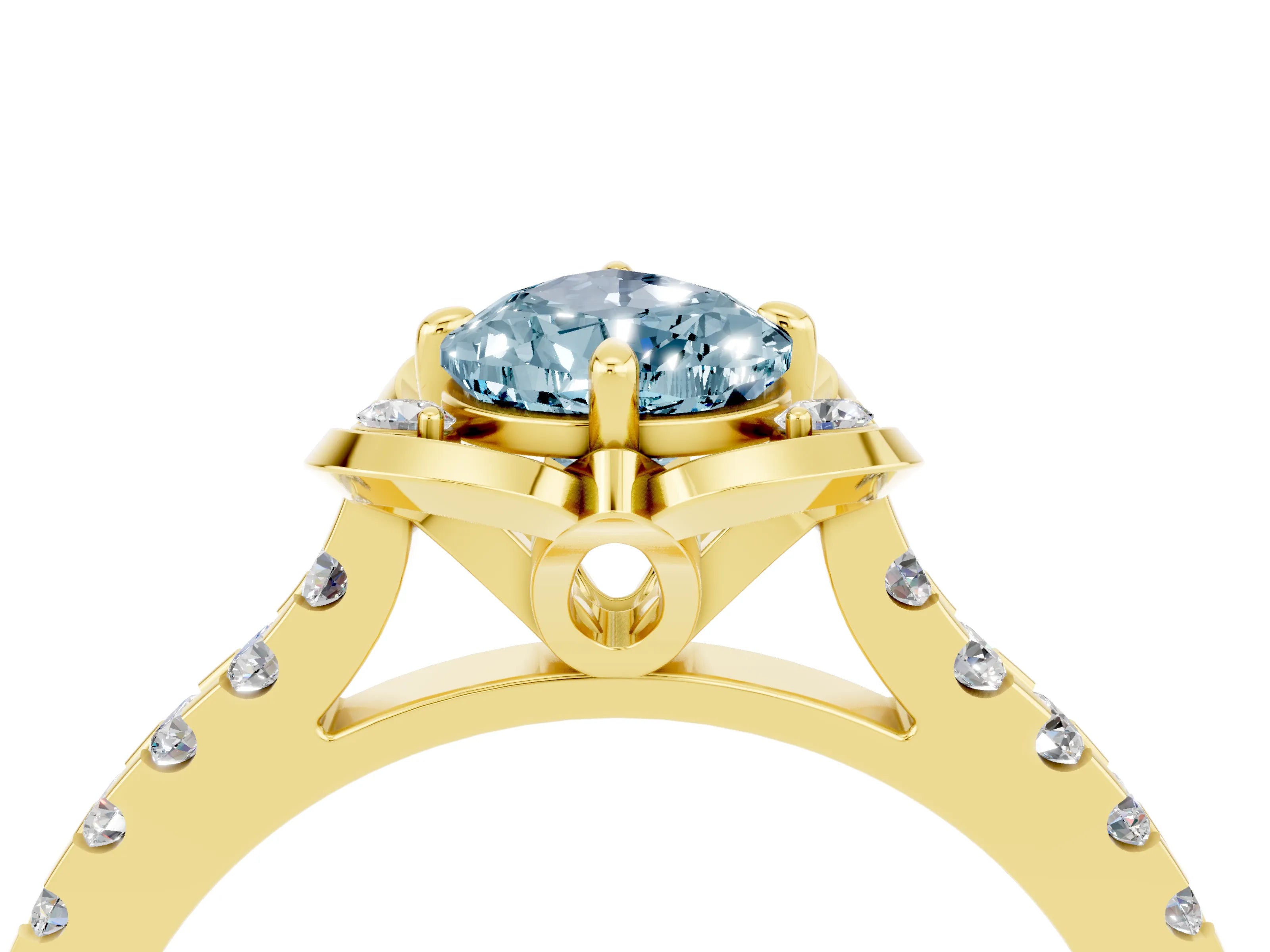 Yellow gold Pear Cut Aquamarine Ring with Pavé Band and Floral Prong Setting_4