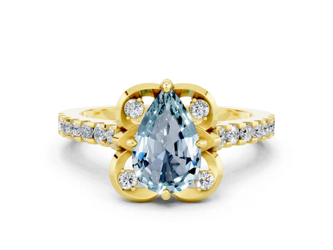 Yellow gold Pear Cut Aquamarine Ring with Pavé Band and Floral Prong Setting