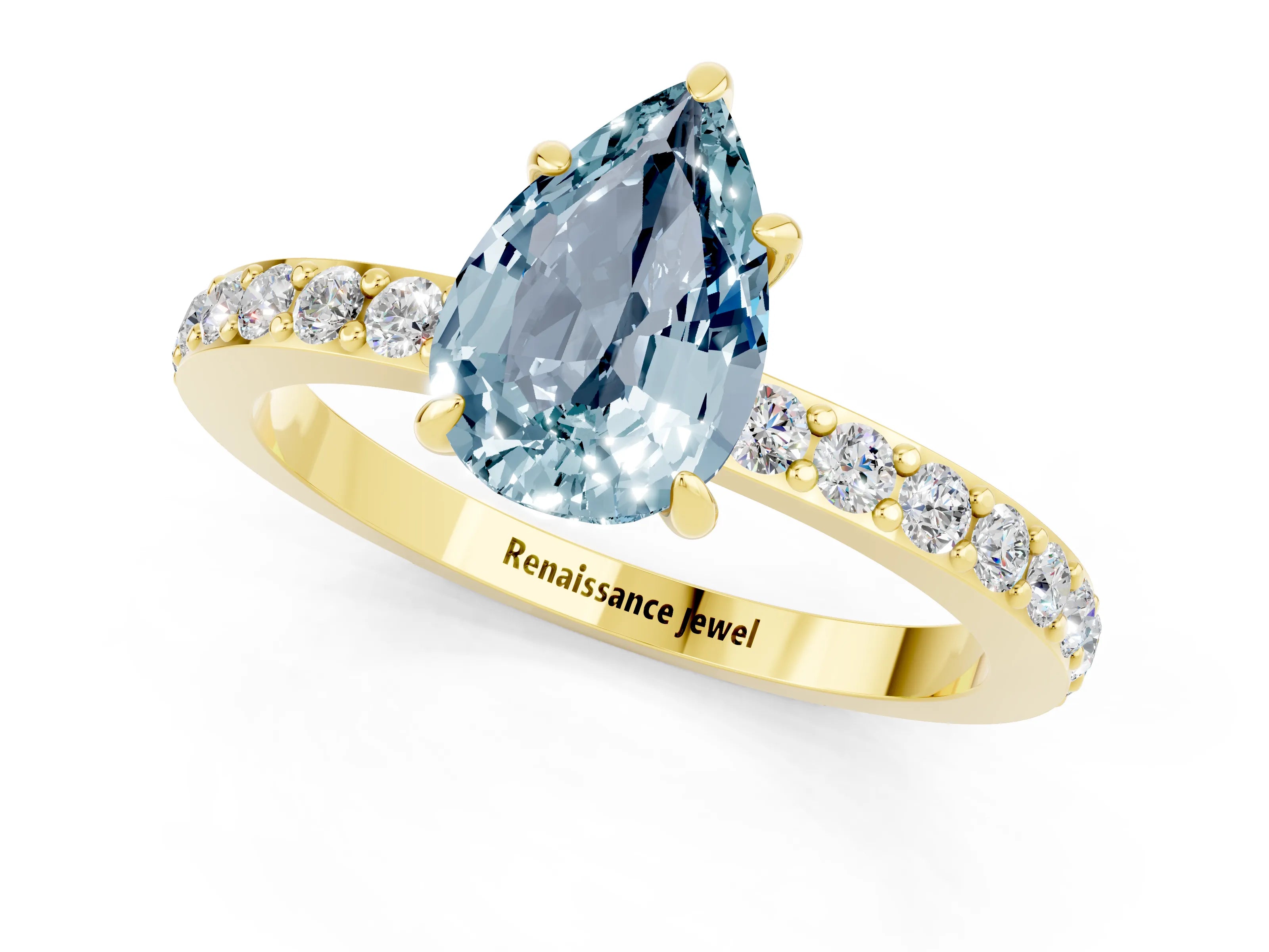 Yellow gold Pear Cut Aquamarine Ring with Pavé Band and Four-Prong Setting_1