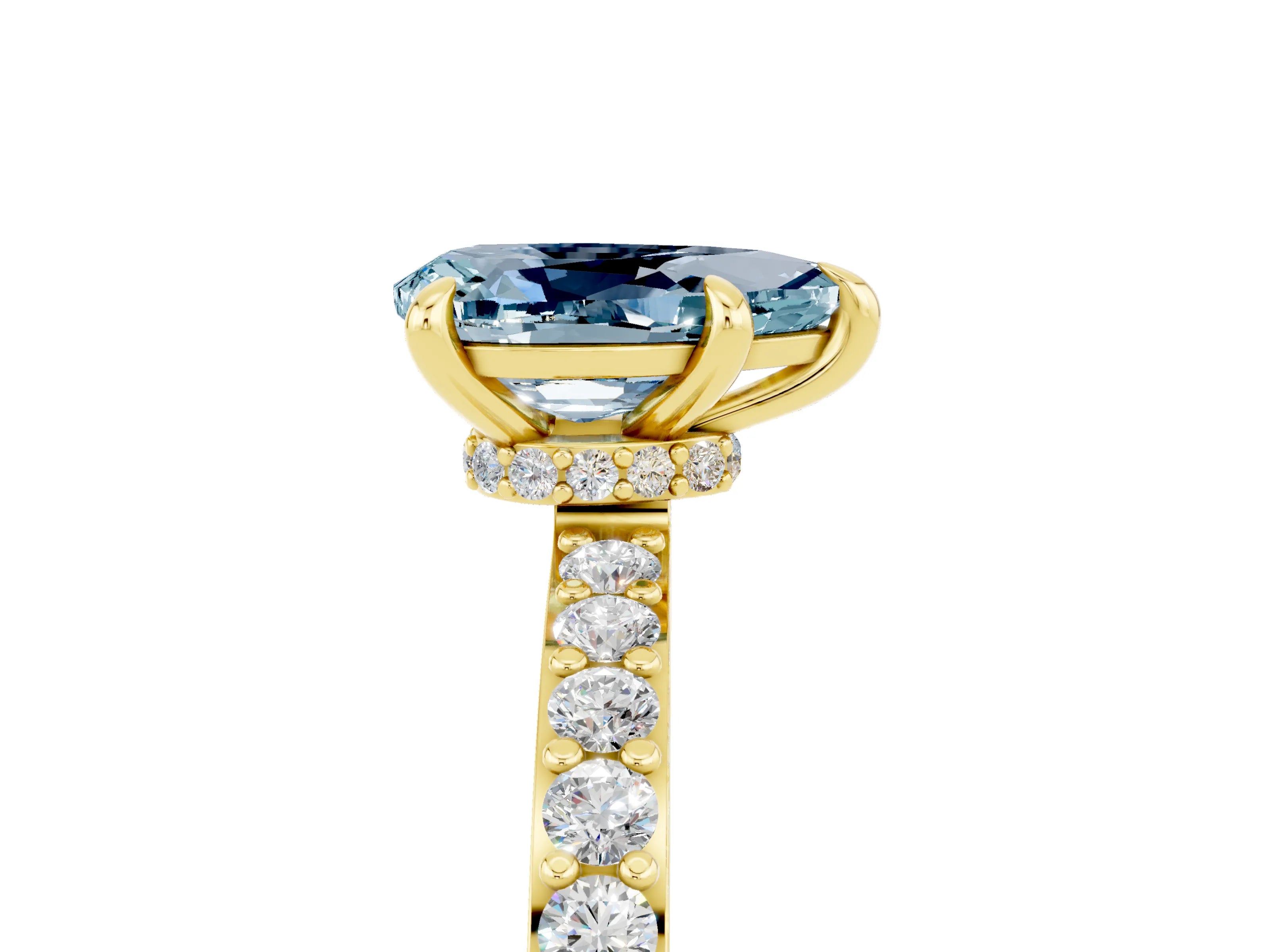 Yellow gold Pear Cut Aquamarine Ring with Pavé Band and Four-Prong Setting_5
