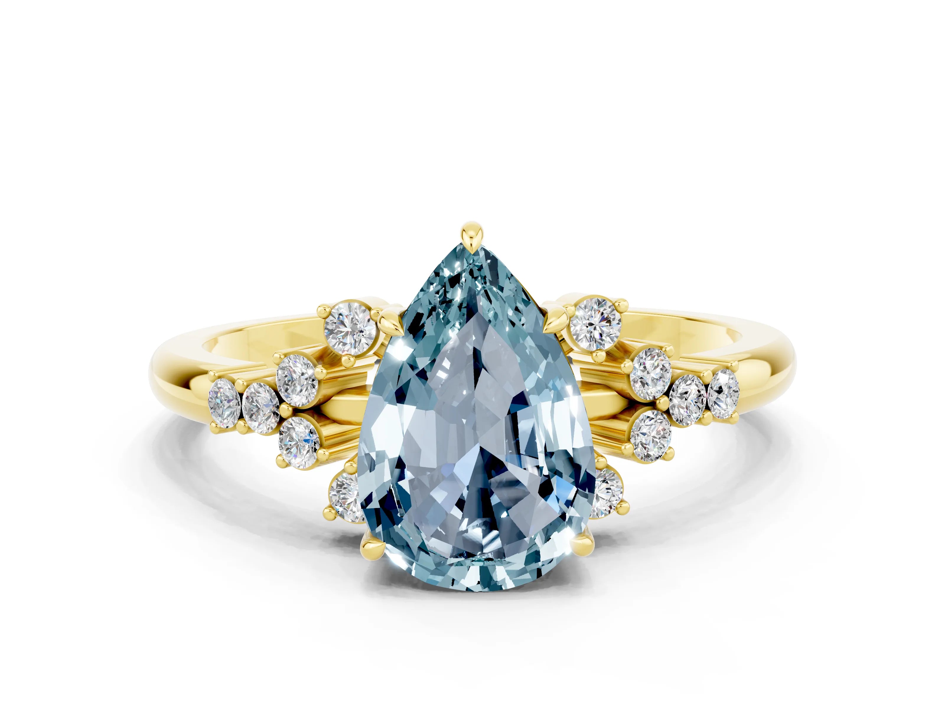 Yellow gold Pear Cut Aquamarine Ring with Side Stones and Four-Prong Setting_36