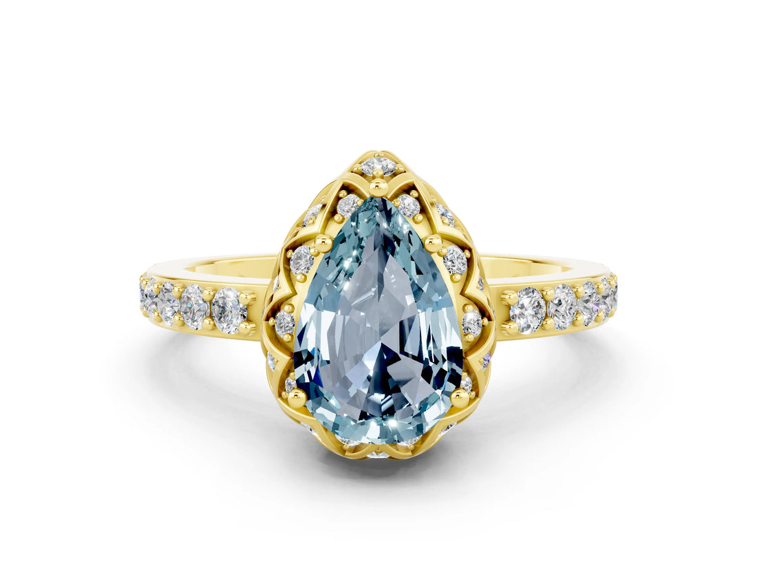 Yellow gold Pear Cut Aquamarine Scalloped Halo Engagement Ring with Round Shared Prong Band_24