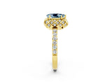 Yellow gold Pear Cut Aquamarine Scalloped Halo Engagement Ring with Round Shared Prong Band_26