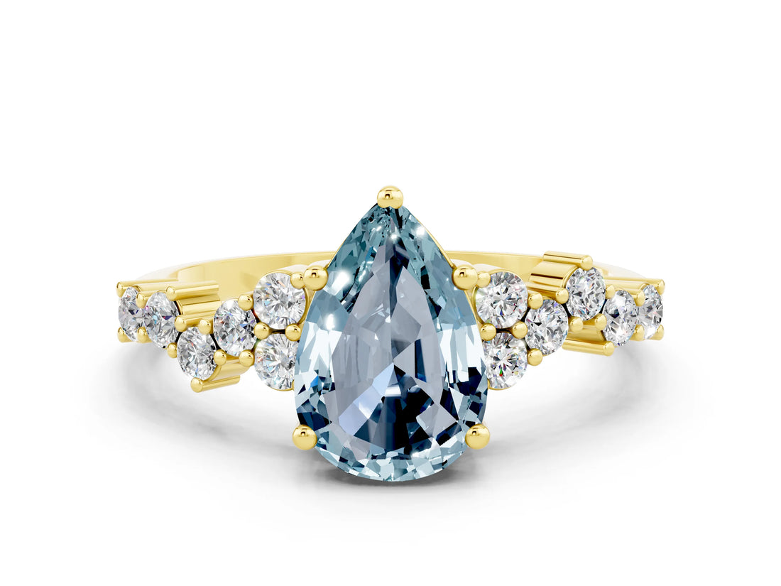 Yellow gold Pear Cut Aquamarine Scattered Round Accent Ring with Prong Setting_12