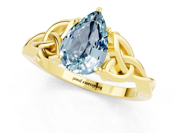 Yellow gold Pear Cut Aquamarine Solitaire Celtic Knot Ring with Four-Prong Setting