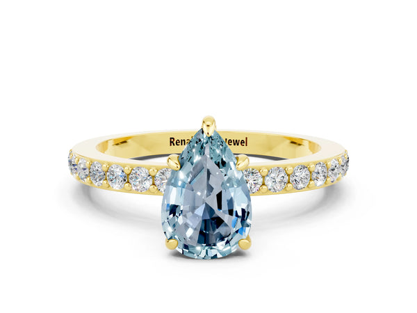 Yellow gold Pear Cut Aquamarine Solitaire Engagement Ring with Pavé Band and Four-Prong Setting