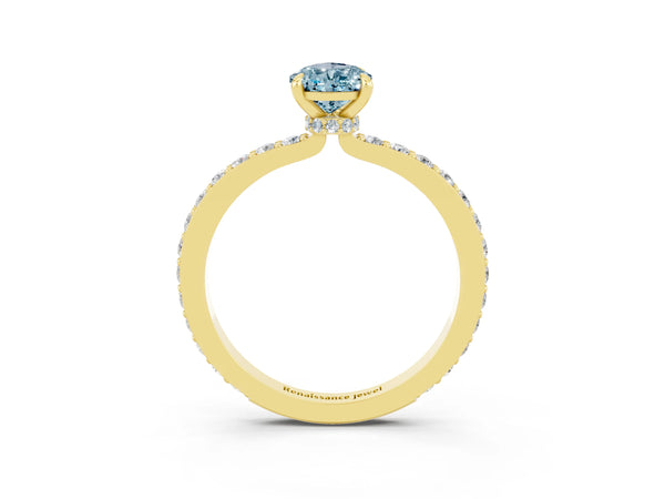 Yellow gold Pear Cut Aquamarine Solitaire Engagement Ring with Pavé Band and Four-Prong Setting