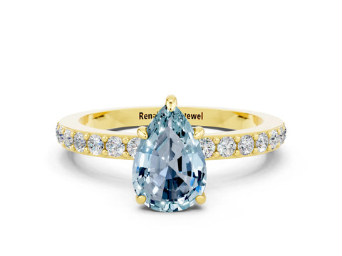 Yellow gold Pear Cut Aquamarine Solitaire Engagement Ring with Pavé Band and Four-Prong Setting