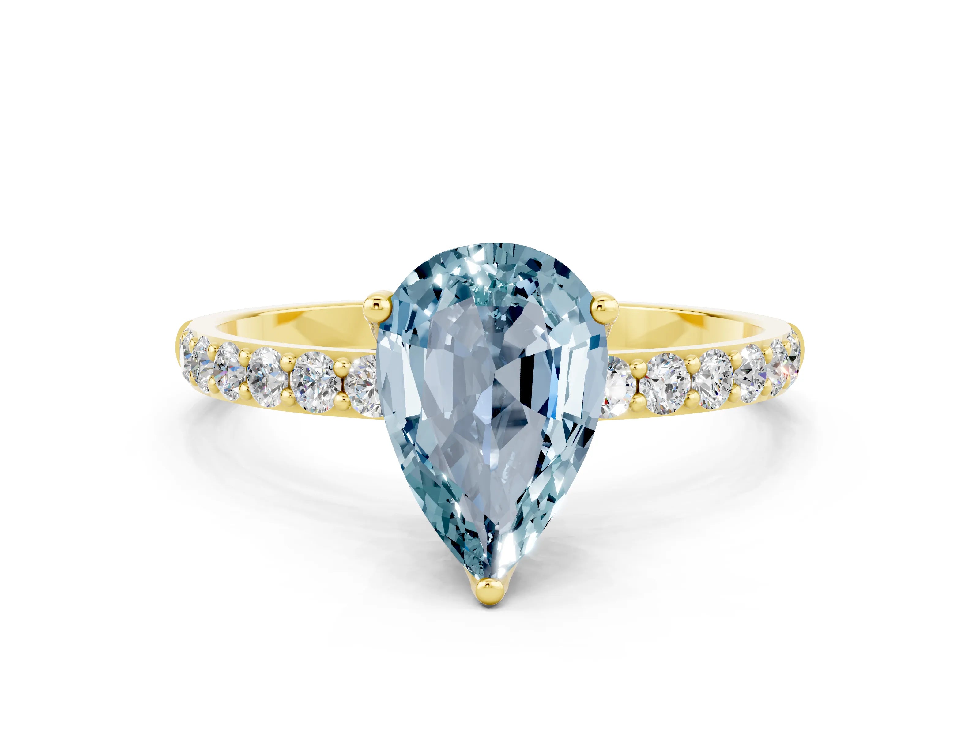 Yellow gold Pear Cut Aquamarine Solitaire Engagement Ring with Pavé Band and Prong Setting