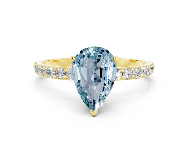 Yellow gold Pear Cut Aquamarine Solitaire Engagement Ring with Round  Pavé Band and Prong Setting