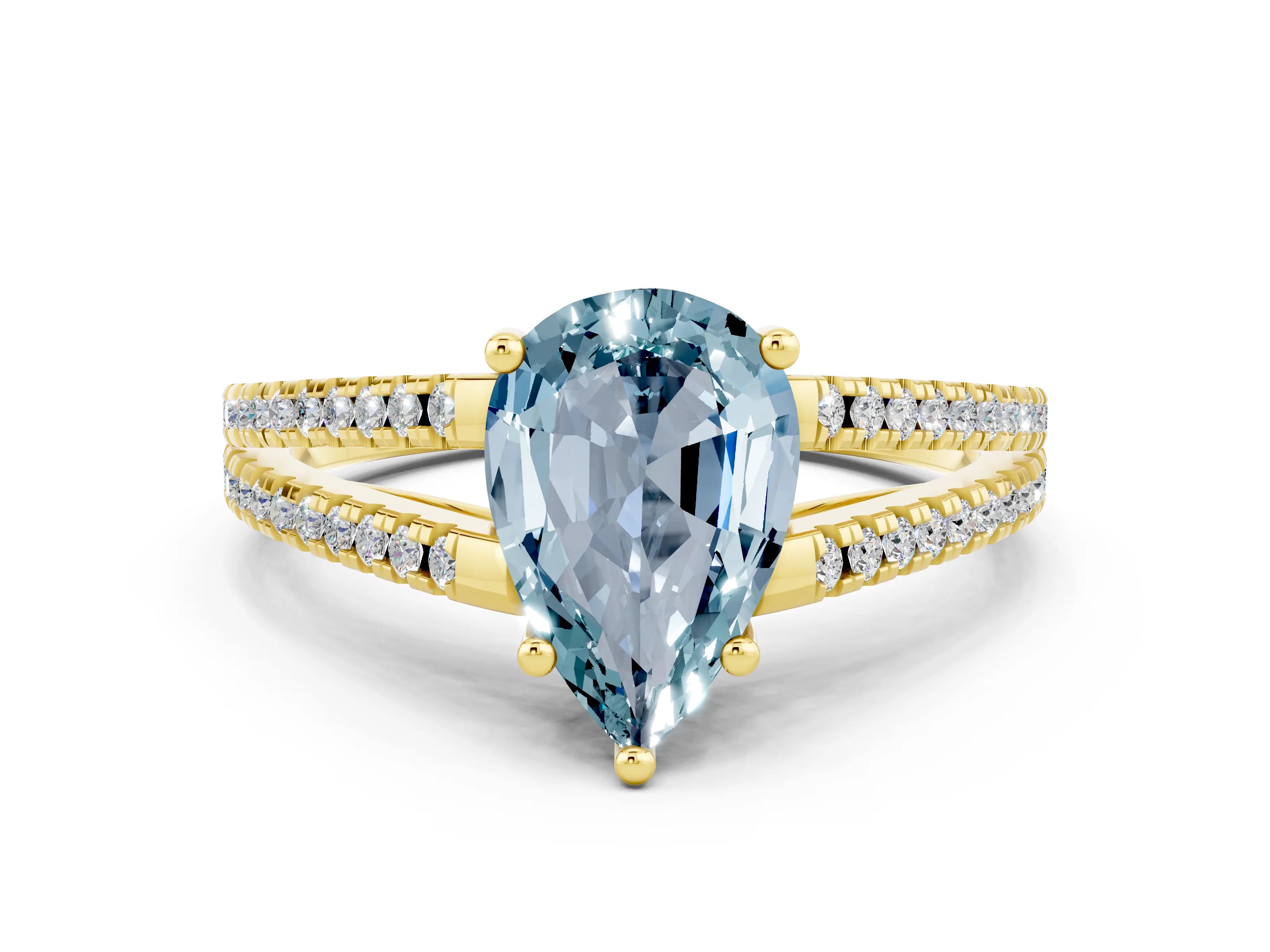 Yellow gold Pear Cut Aquamarine Solitaire Engagement Ring with Split Shank Pavé Band