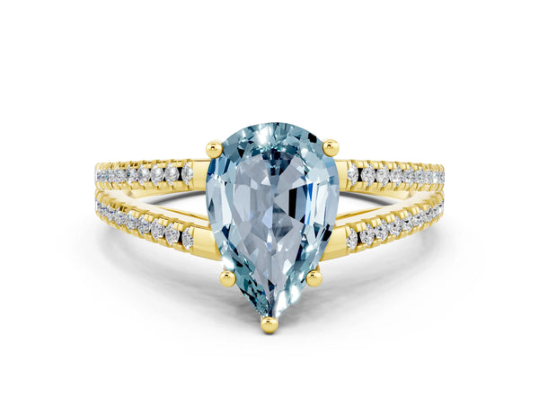 Yellow gold Pear Cut Aquamarine Solitaire Engagement Ring with Split Shank Pavé Band
