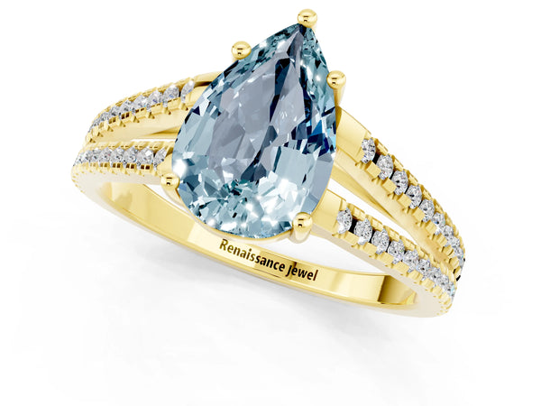 Yellow gold Pear Cut Aquamarine Solitaire Engagement Ring with Split Shank Pavé Band