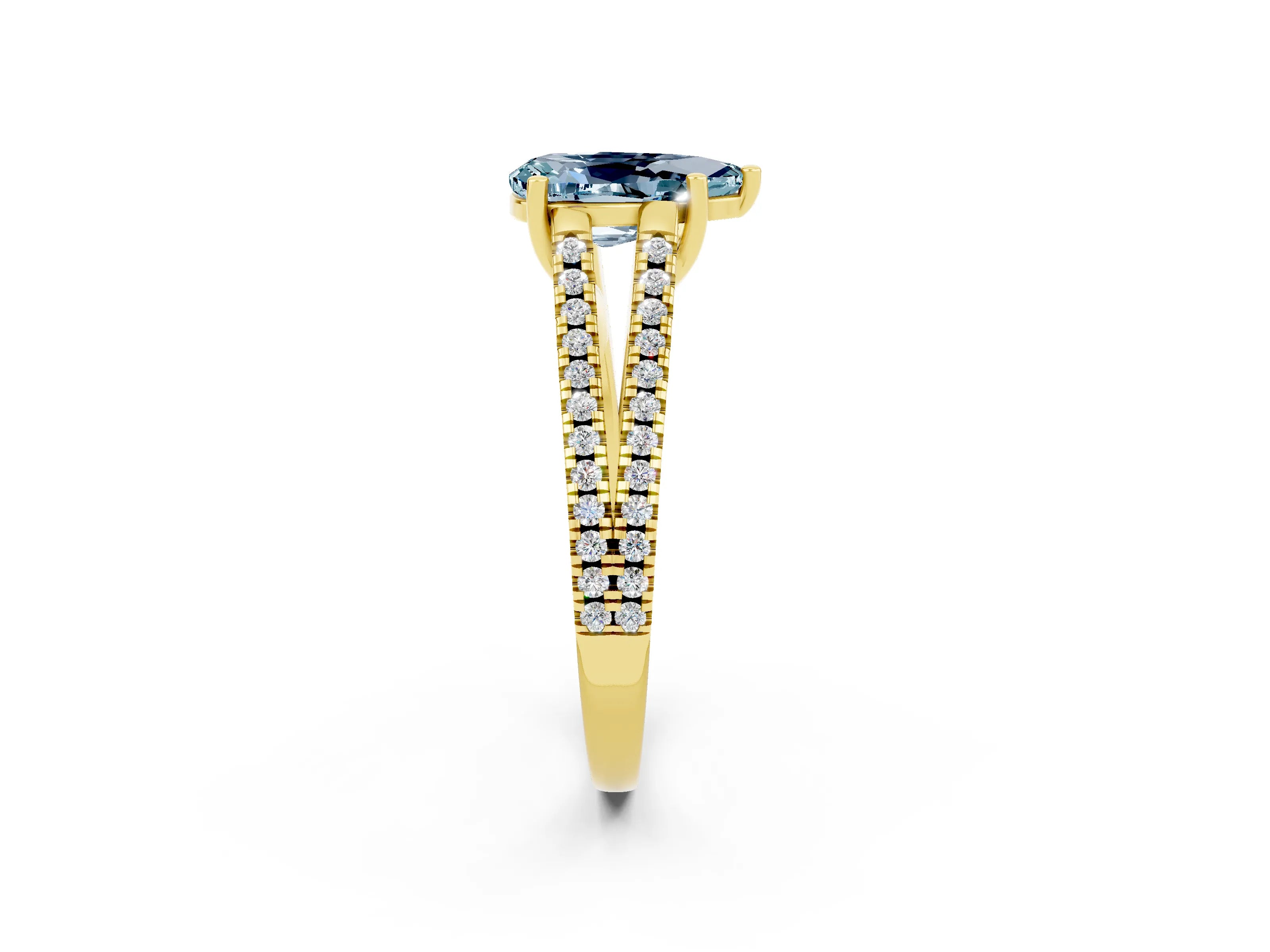 Yellow gold Pear Cut Aquamarine Solitaire Engagement Ring with Split Shank Pavé Band_2