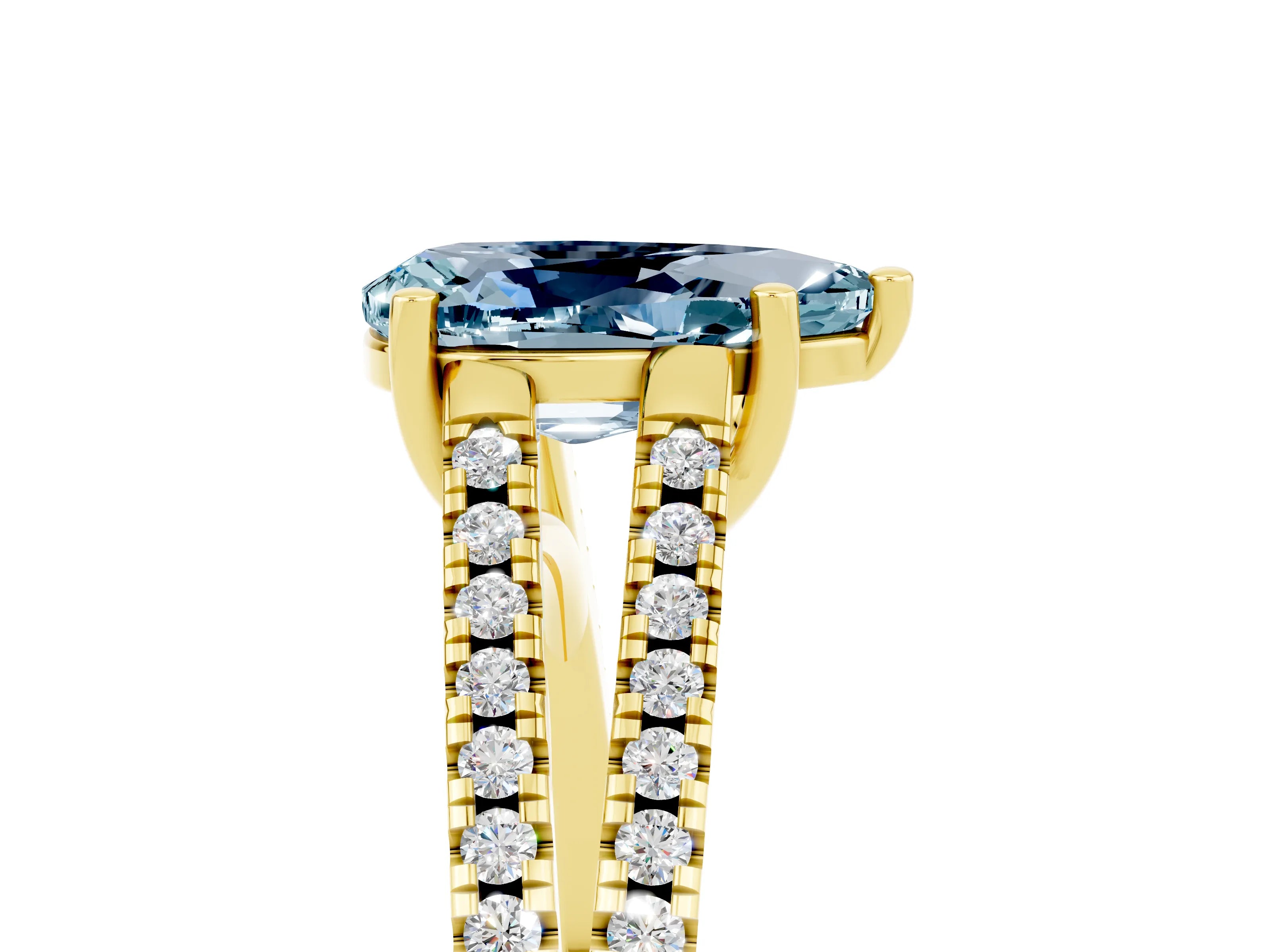 Yellow gold Pear Cut Aquamarine Solitaire Engagement Ring with Split Shank Pavé Band_5