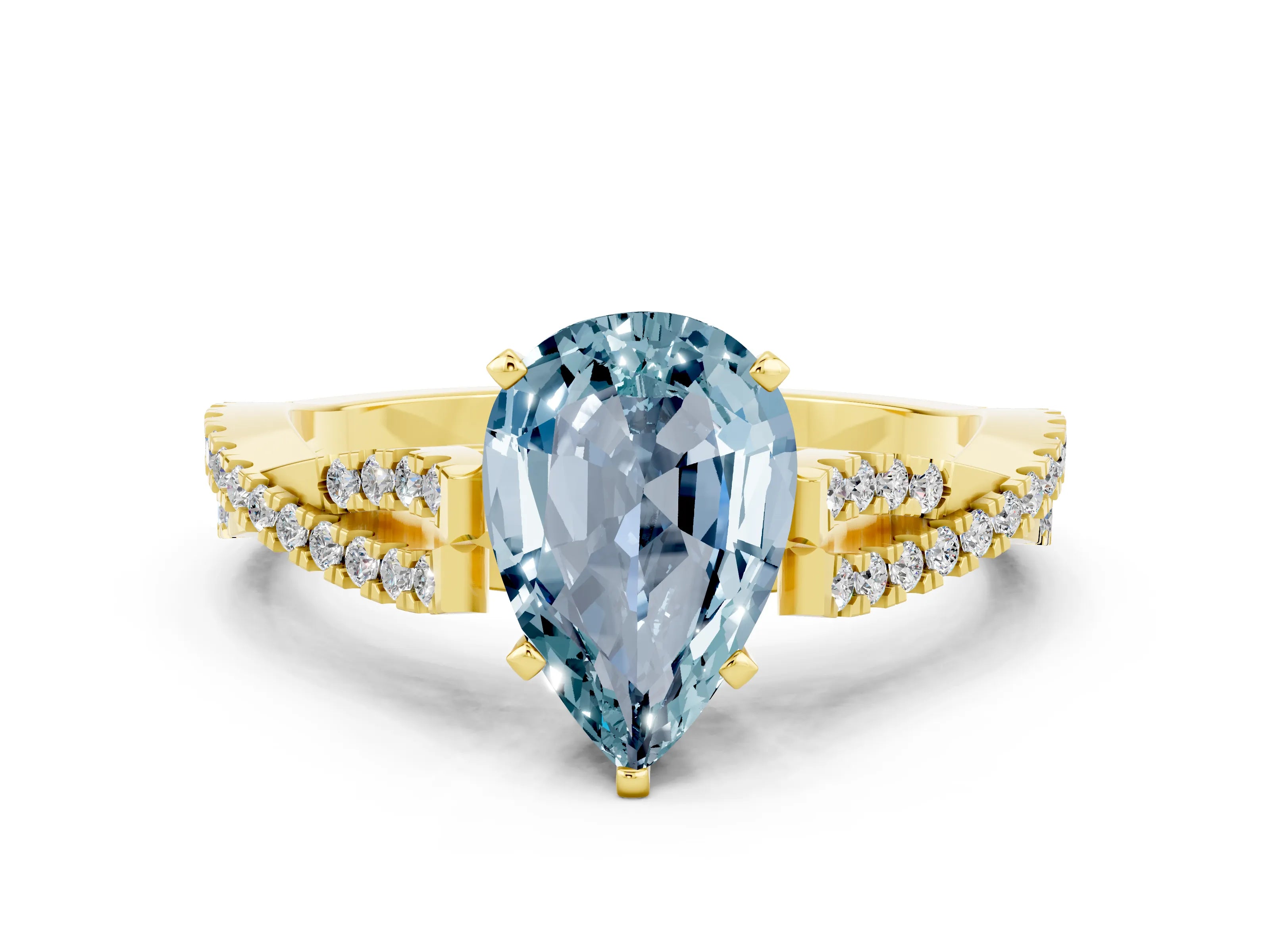 Yellow gold Pear Cut Aquamarine Solitaire Engagement Ring with Twisted Pavé Band and Four-Prong Setting