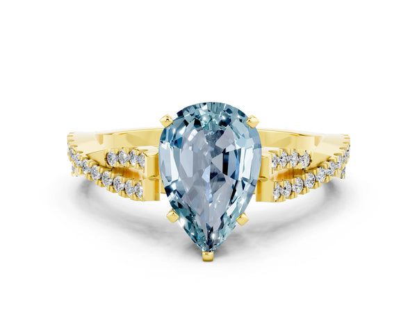 Yellow gold Pear Cut Aquamarine Solitaire Engagement Ring with Twisted Pavé Band and Four-Prong Setting
