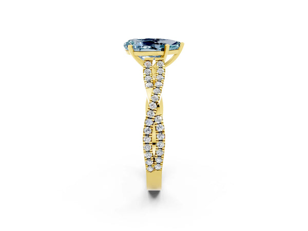 Yellow gold Pear Cut Aquamarine Solitaire Engagement Ring with Twisted Pavé Band and Four-Prong Setting
