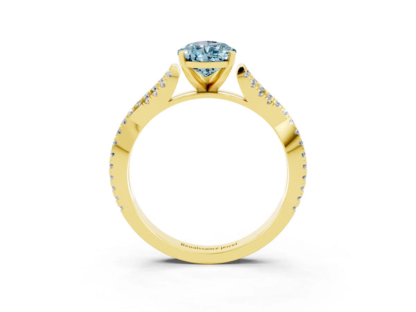 Yellow gold Pear Cut Aquamarine Solitaire Engagement Ring with Twisted Pavé Band and Four-Prong Setting
